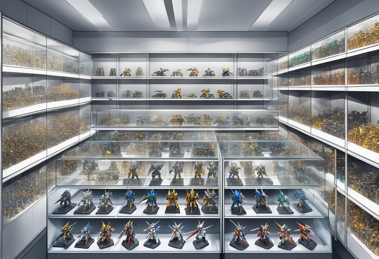 A display of Gundam model kits in a well-lit store, with various sizes and designs arranged neatly on shelves and in glass cases