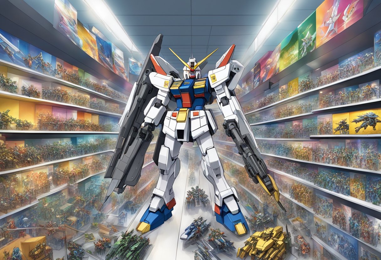 A display of Gundam models and merchandise, with vibrant colors and dynamic poses, surrounded by enthusiastic fans browsing the shelves