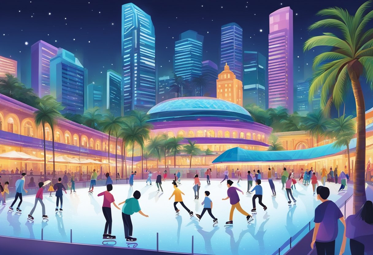 The ice skating rink in Singapore glistens under the bright lights, with skaters gliding gracefully across the smooth surface. Surrounding the rink, colorful buildings and palm trees create a vibrant backdrop