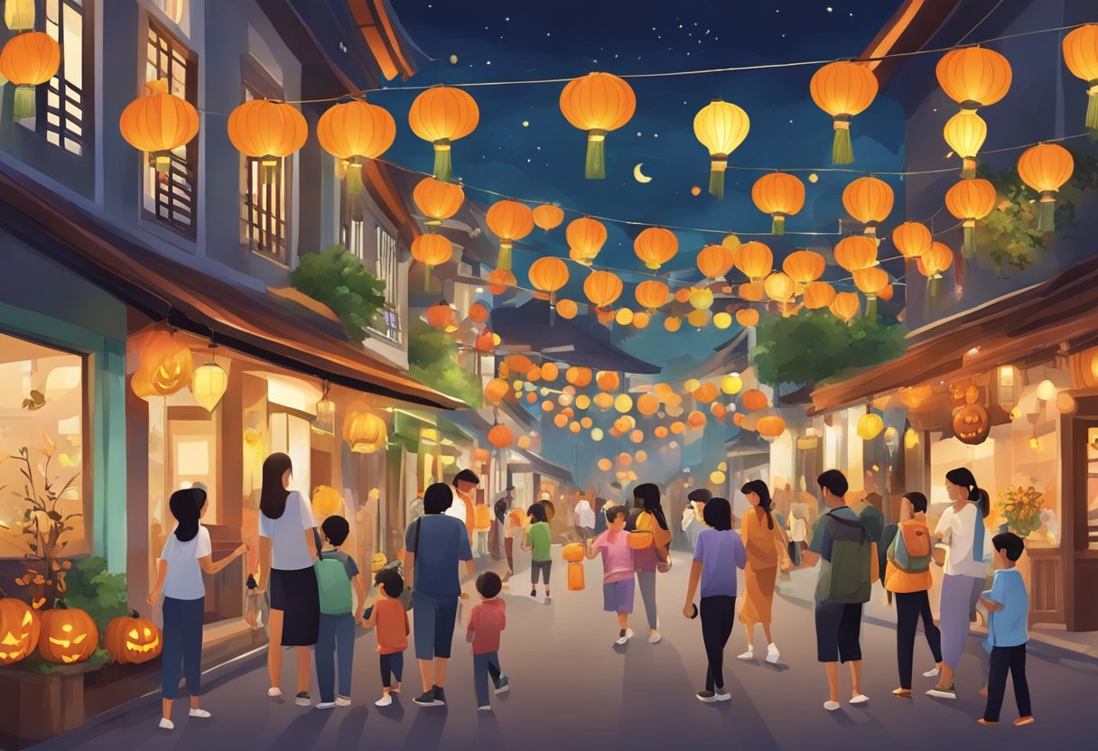 A bustling street in Singapore adorned with Halloween decorations and colorful lanterns, with families and children in costumes enjoying the festive atmosphere