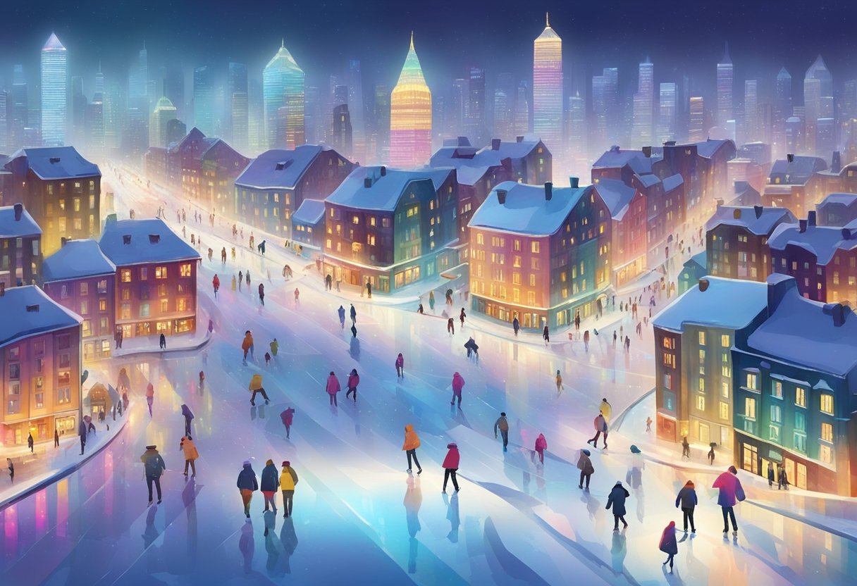 People gliding on ice, colorful lights reflecting off the smooth surface, surrounded by a bustling cityscape
