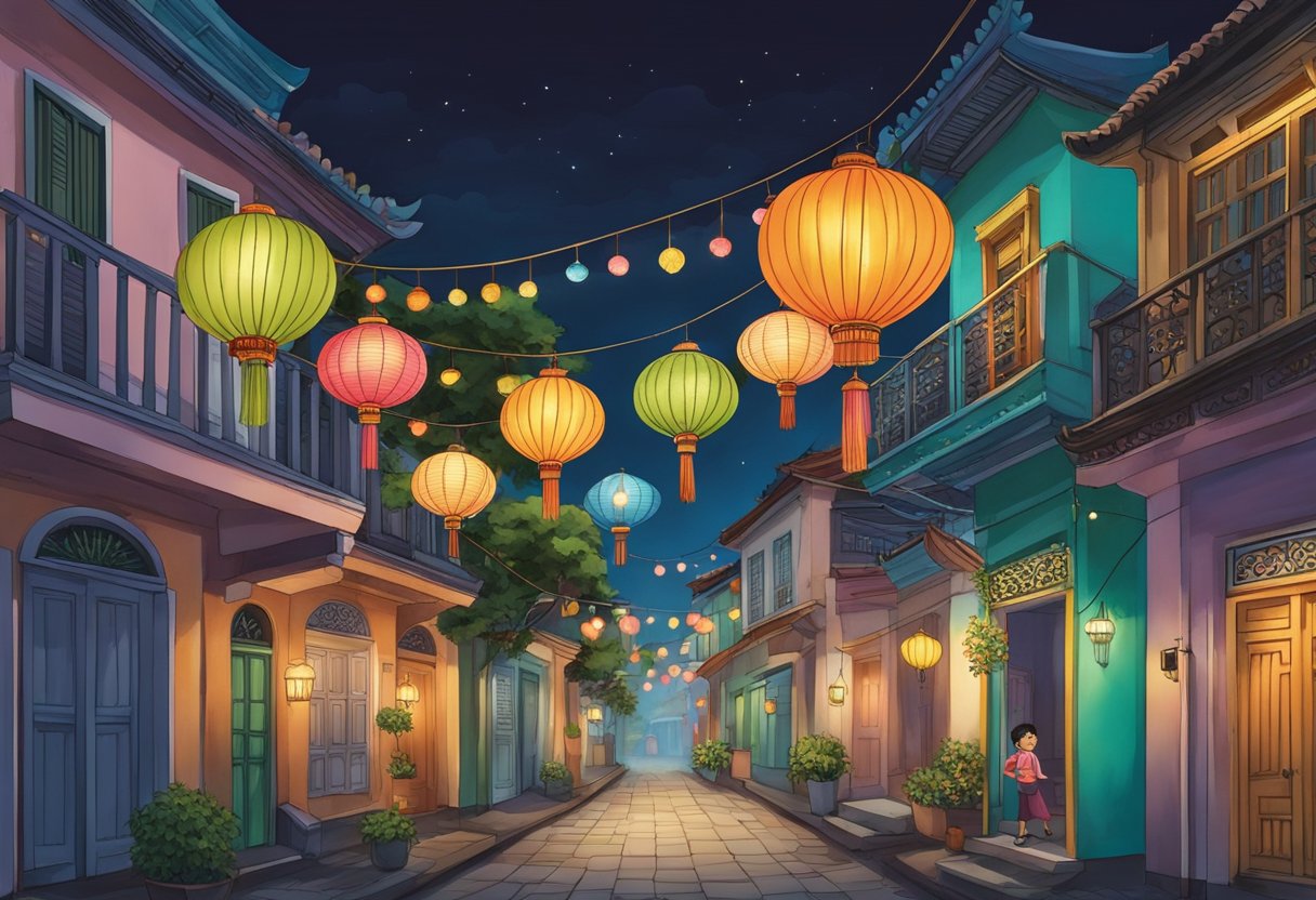 Colorful lanterns hang from the trees, casting an eerie glow over the streets. Traditional Peranakan shophouses are adorned with spooky decorations, while children in costumes roam the neighborhood collecting treats