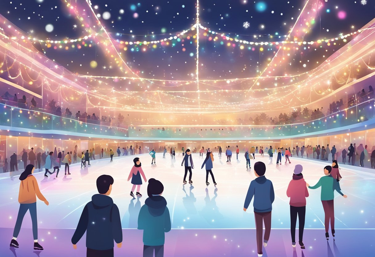 People gliding on ice at Singapore ice skating rink, surrounded by colorful lights and a festive atmosphere