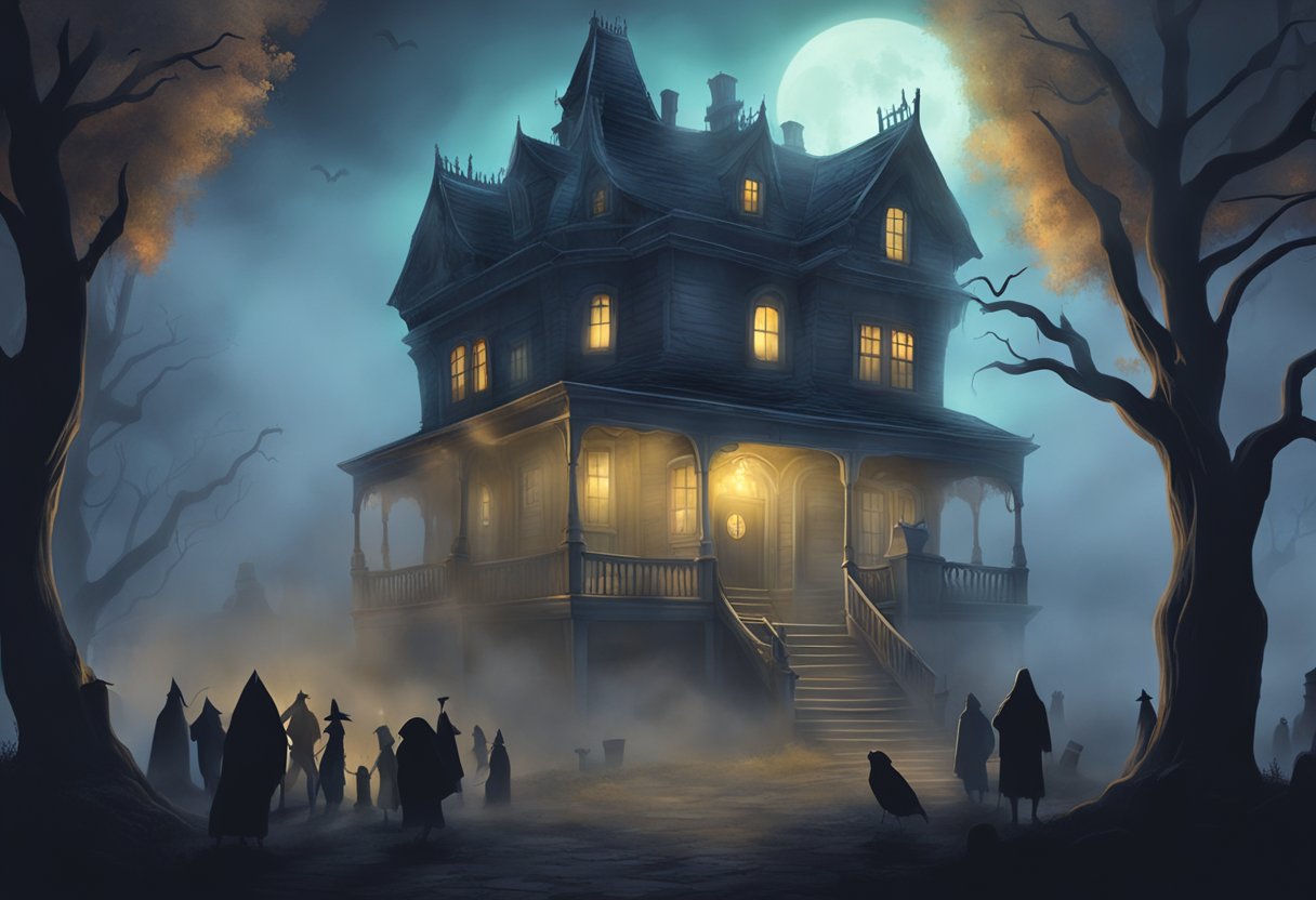 A spooky haunted house with eerie lighting and eerie sound effects, surrounded by fog and surrounded by people in costumes