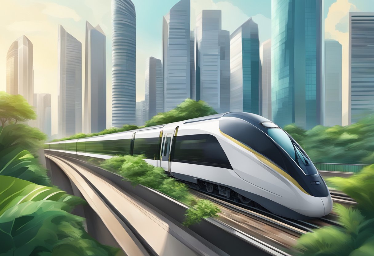A sleek high-speed train speeds through the modern cityscape of Singapore, gliding past towering skyscrapers and lush greenery