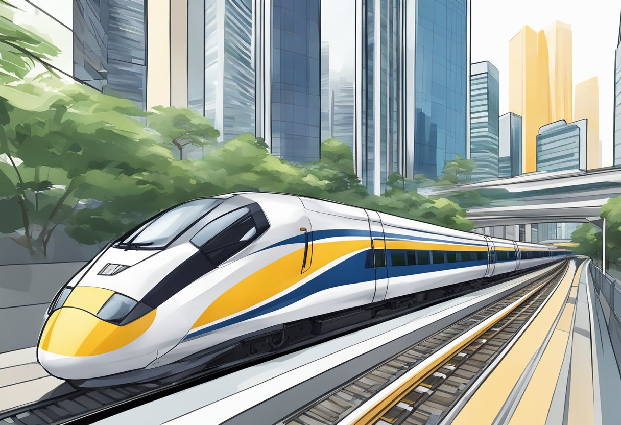 The high-speed train speeds through the modern cityscape of Singapore, with sleek buildings and bustling streets below