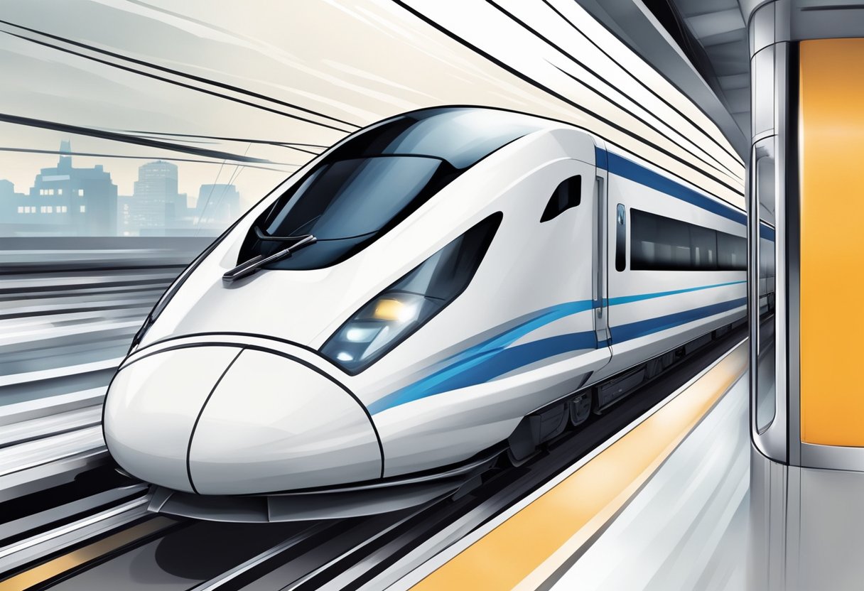 A high-speed train zooms along the tracks, sleek and modern with a streamlined design. The surrounding landscape blurs as the train races through the city