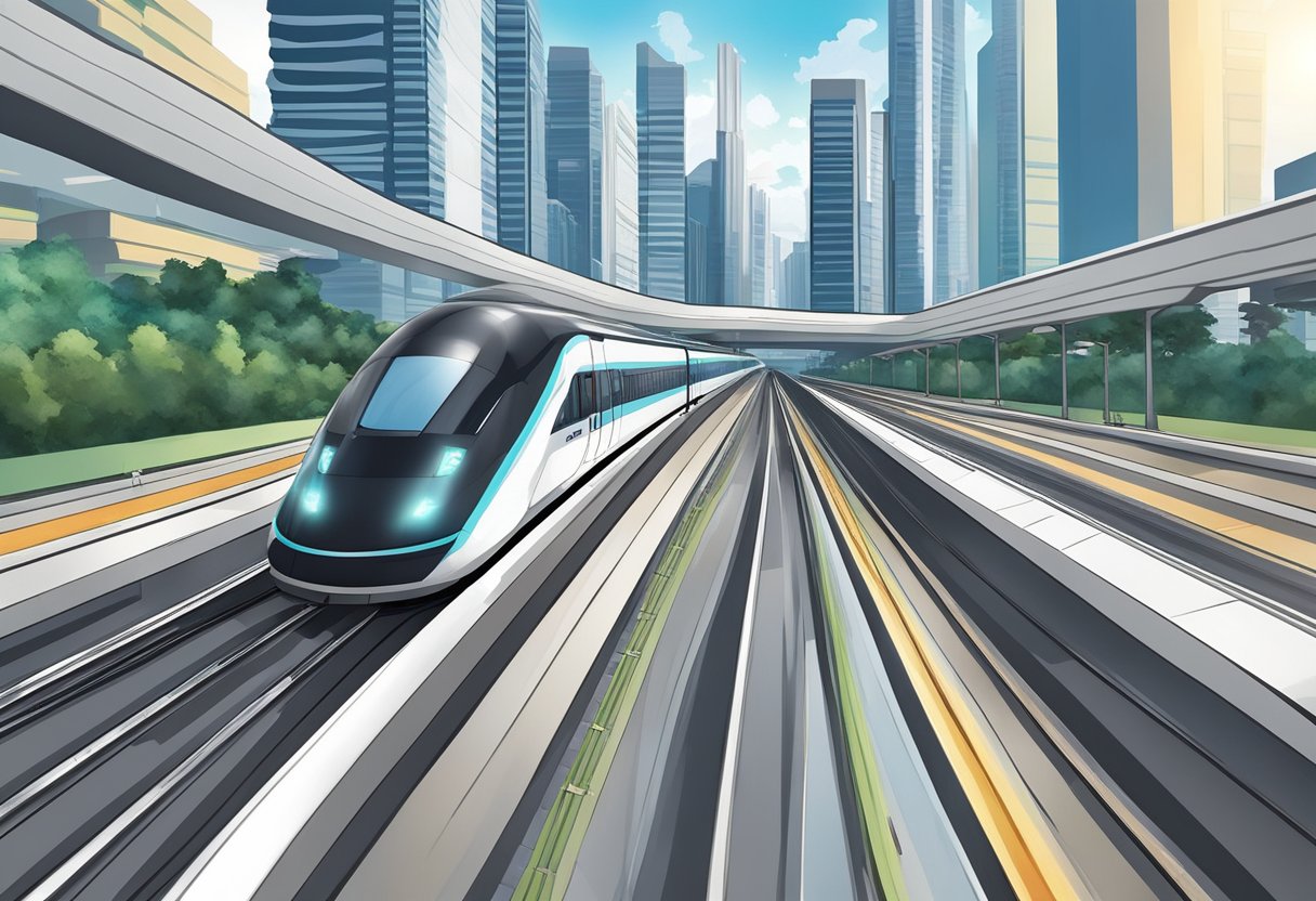 A sleek high-speed train races along the tracks in Singapore, with a futuristic city skyline in the background