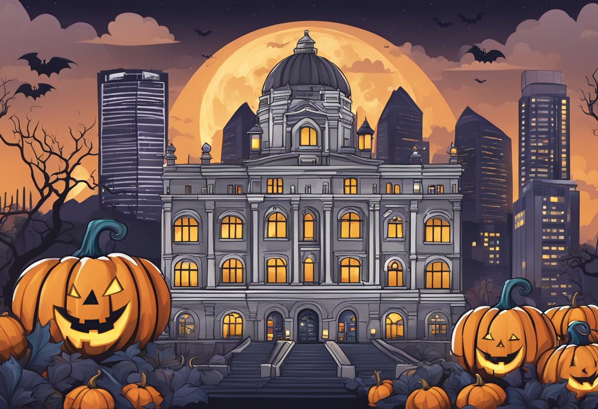 A spooky Halloween-themed backdrop with iconic Singapore landmarks and festive decorations