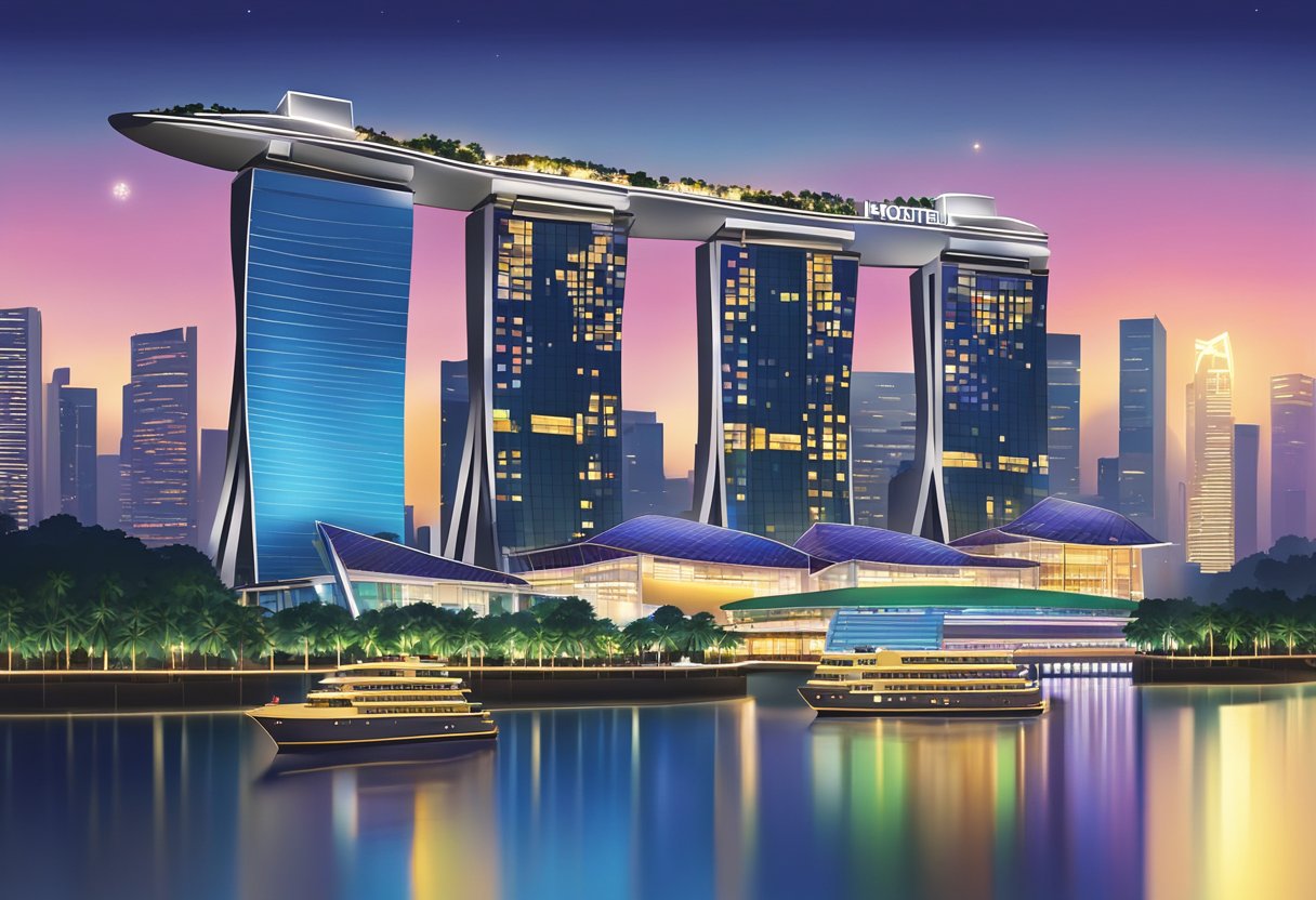 The iconic Hotel 165 in Singapore stands tall against the city skyline, with its sleek and modern architecture illuminated by the vibrant city lights