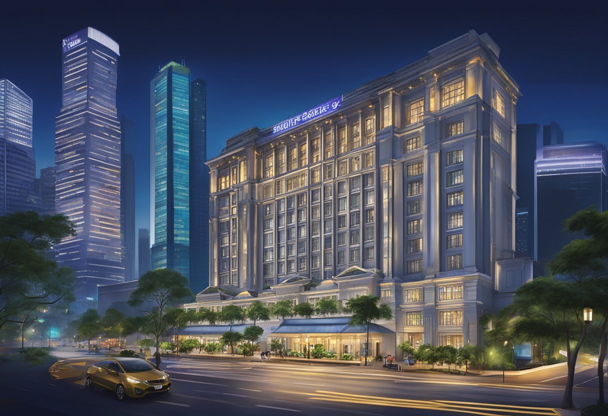 The hotel 165 Singapore stands tall against a backdrop of bustling city streets, its modern facade illuminated by the glow of the surrounding city lights