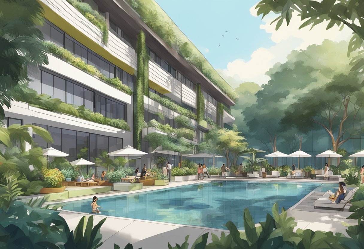 Guests strolling through lush gardens, admiring modern architecture, and relaxing by the pool at Vicinity Hotel 165 Singapore
