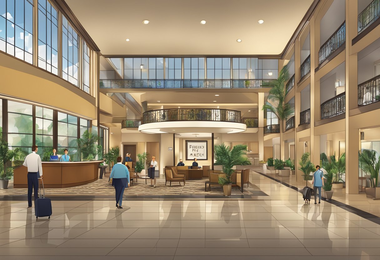 A hotel lobby with a large "Frequently Asked Questions" sign, guests at the front desk, and staff assisting