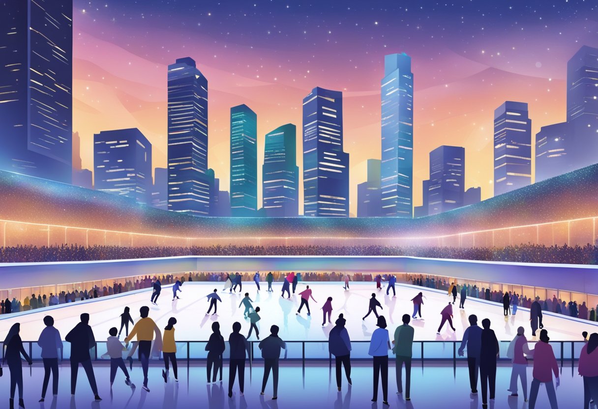 A bustling ice rink in Singapore, surrounded by skyscrapers and colorful lights, with skaters gliding across the smooth, glistening surface