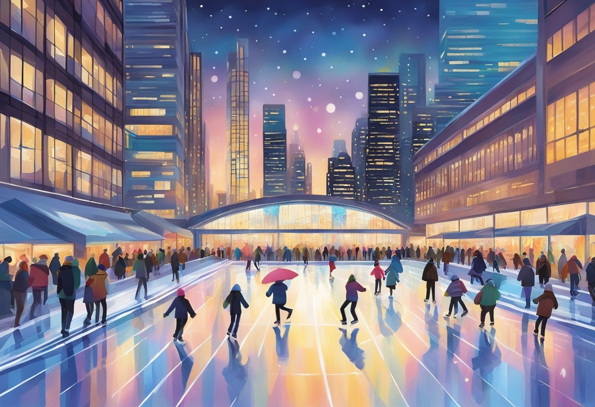 Skaters glide across a glistening ice rink, surrounded by vibrant city lights and modern architecture. The air is filled with the sound of blades cutting through the ice and the joyful laughter of visitors
