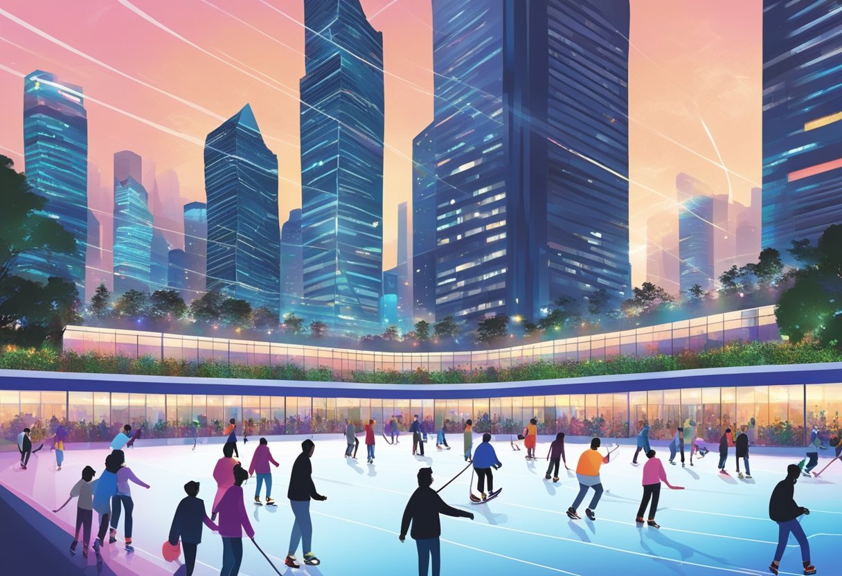 People gliding on ice at an outdoor rink in Singapore, surrounded by colorful lights and skyscrapers