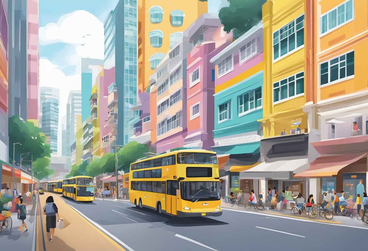 A bustling street scene at Jalan Besar Arc 380, Singapore, with colorful buildings and bustling activity