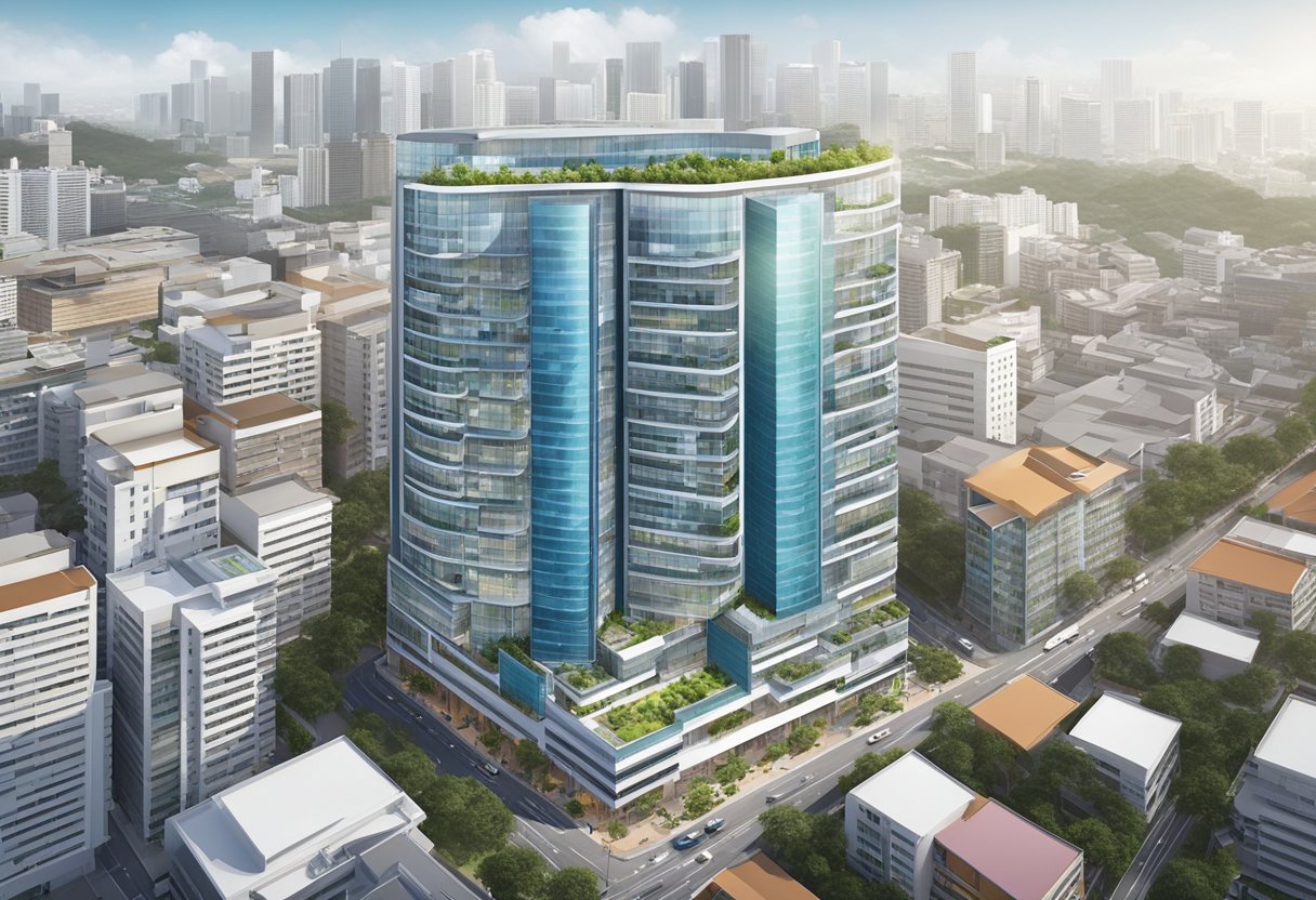 An aerial view of Arc 380 building in Jalan Besar, Singapore. The modern architecture stands tall against the cityscape backdrop