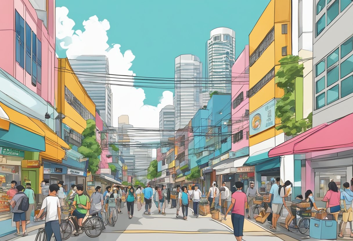 The bustling streets of Jalan Besar, Singapore, with modern buildings and vibrant businesses, creating a dynamic urban lifestyle scene