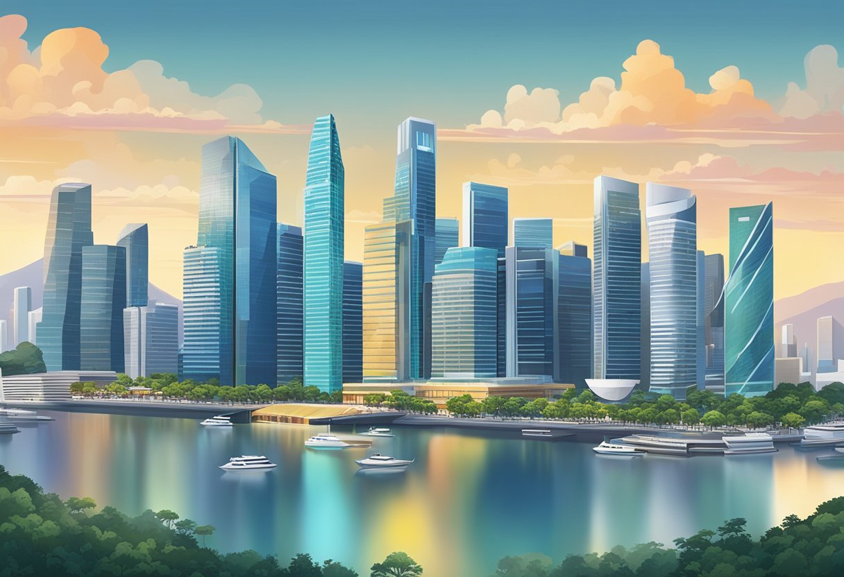 A bustling cityscape with modern skyscrapers and a vibrant financial district, showcasing the iconic Julius Baer building in Singapore
