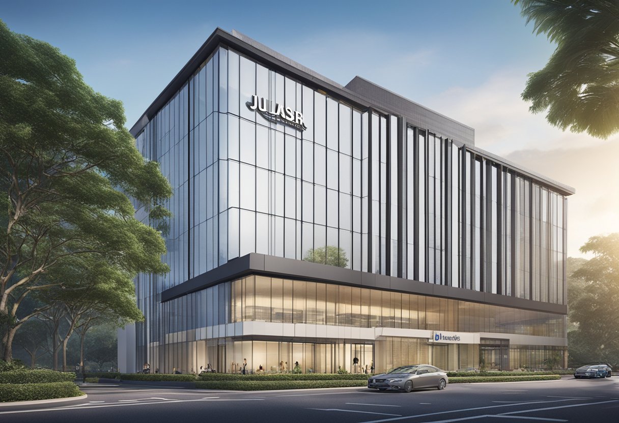 A modern office building in Singapore with the Julius Baer logo prominently displayed