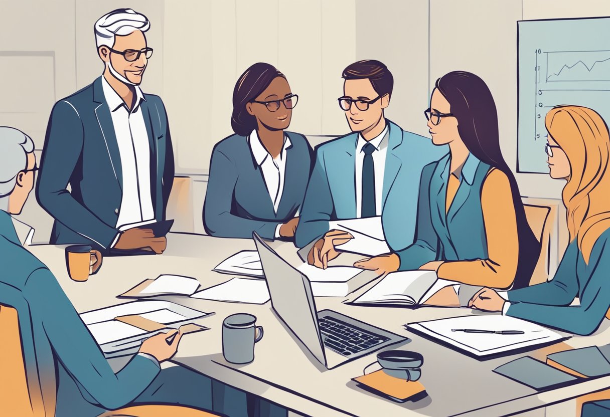 A group of professionals discussing with clients, emphasizing engagement and understanding. The focus is on the clients' needs and concerns