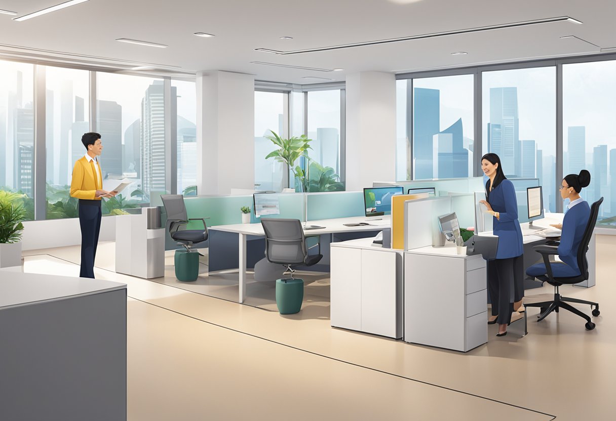 A bright, modern office setting with the Julius Baer Singapore logo prominently displayed. A customer service representative assisting a client with a friendly smile