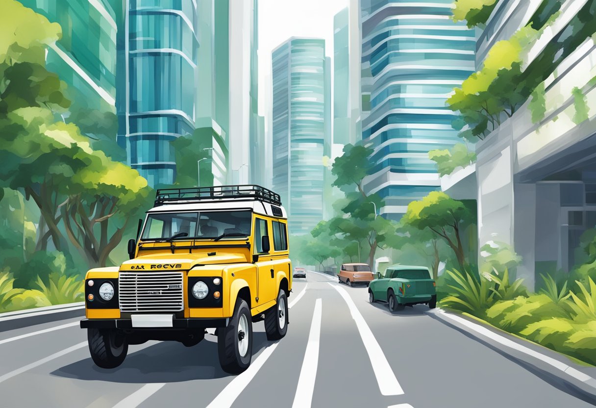 A Land Rover drives through the bustling streets of Singapore, passing by modern skyscrapers and lush greenery