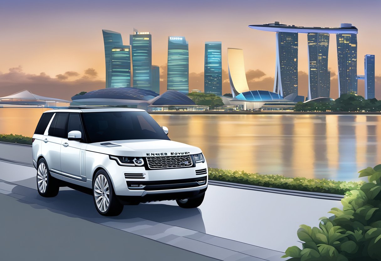 A sleek Land Rover parked in front of the Singapore skyline, showcasing its luxurious features and modern design