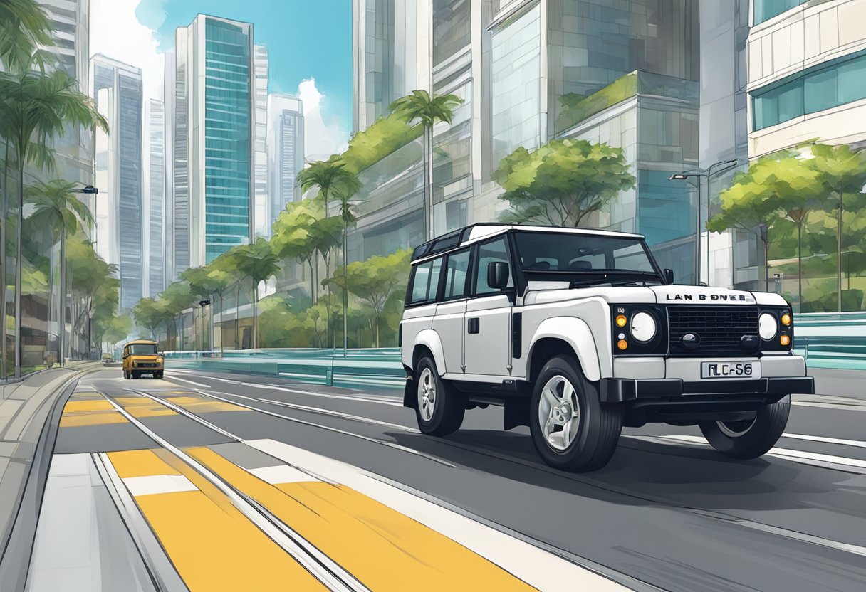 A Land Rover driving through Singapore's urban landscape, passing by iconic landmarks and navigating through bustling city streets
