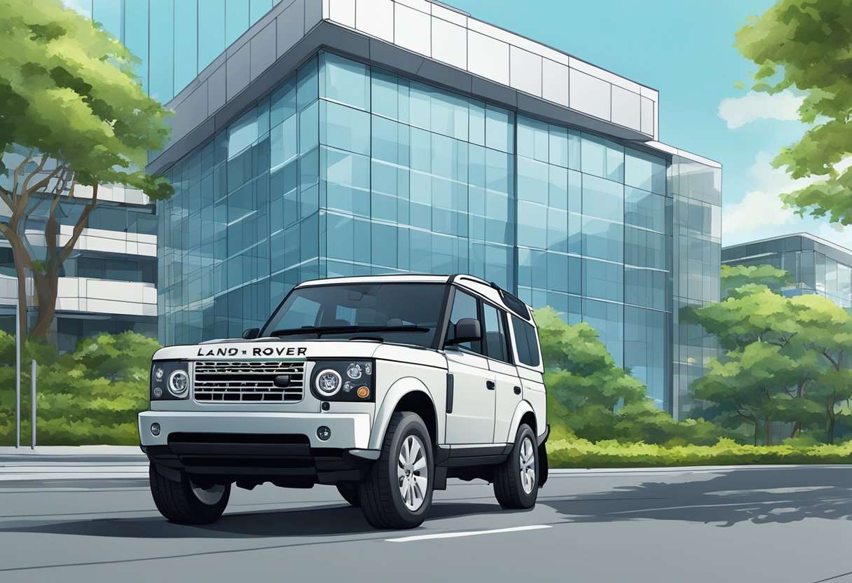 A Land Rover parked in front of a modern Singaporean building, with a clear blue sky and lush greenery in the background