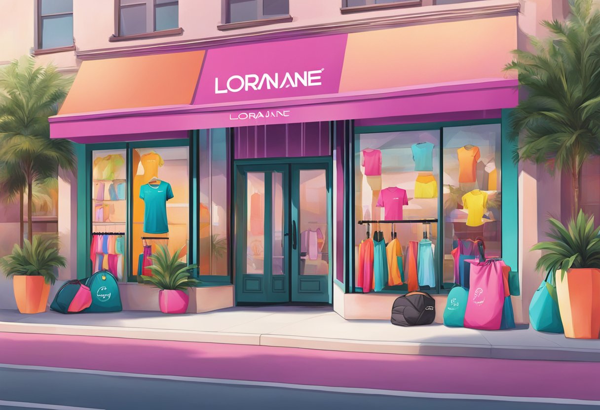 A vibrant storefront with the Lorna Jane logo, displaying colorful activewear and accessories in a modern, sleek setting