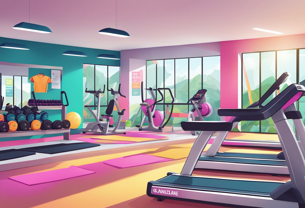 A vibrant gym setting with Lorna Jane activewear displayed, featuring energetic exercise equipment and motivational slogans