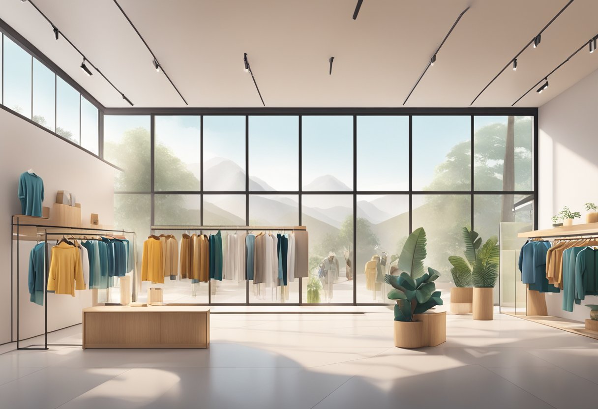 A modern, eco-friendly store with sleek, minimalist decor. Natural light floods in through large windows, illuminating sustainable activewear and stylish accessories