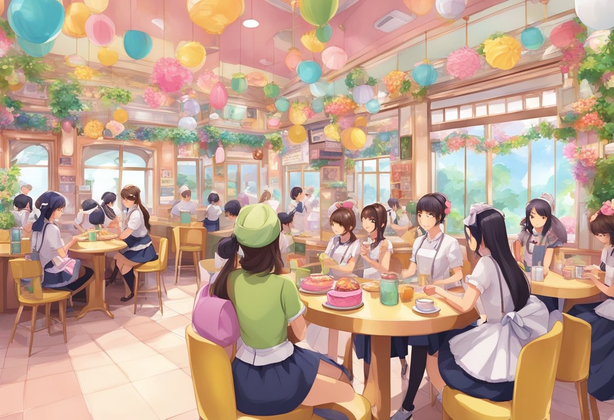 A bustling maid cafe in Singapore, filled with colorful decorations and cute themed furniture. Patrons enjoy food and drinks served by waitresses in adorable maid uniforms