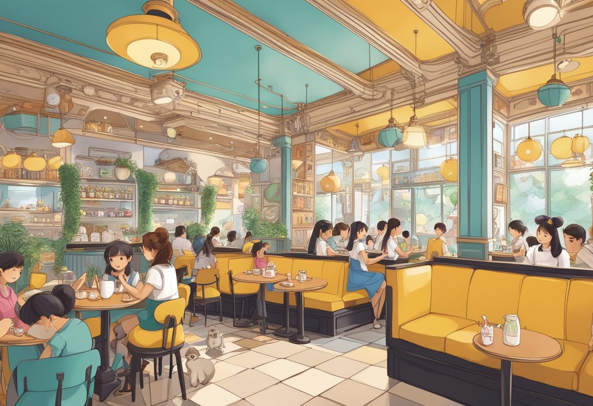 Customers sit in themed cafe, surrounded by cute decor and waitresses in maid costumes. Menu features whimsical dishes and drinks. Maid cafe in Singapore bustling with excitement