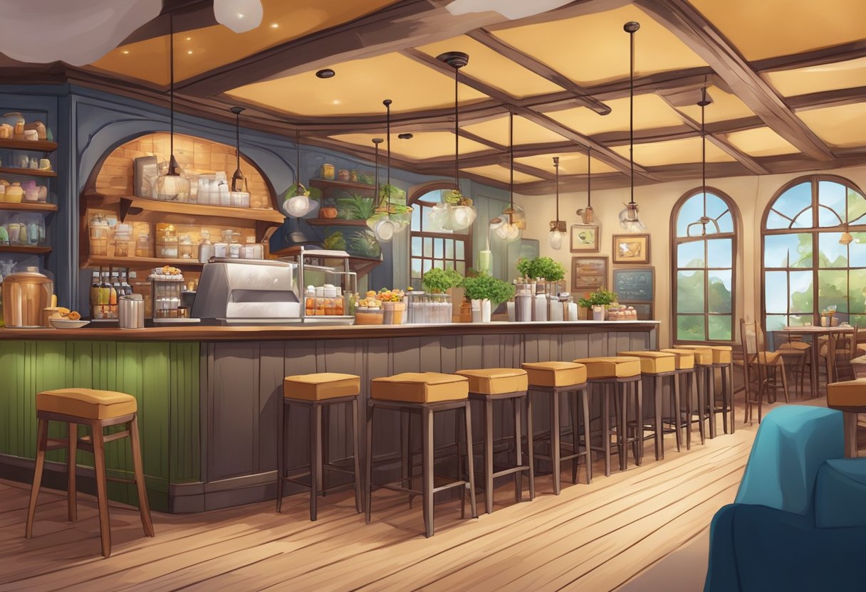 A cozy cafe with themed decor, serving food and drinks. Patrons enjoy interactive entertainment and performances