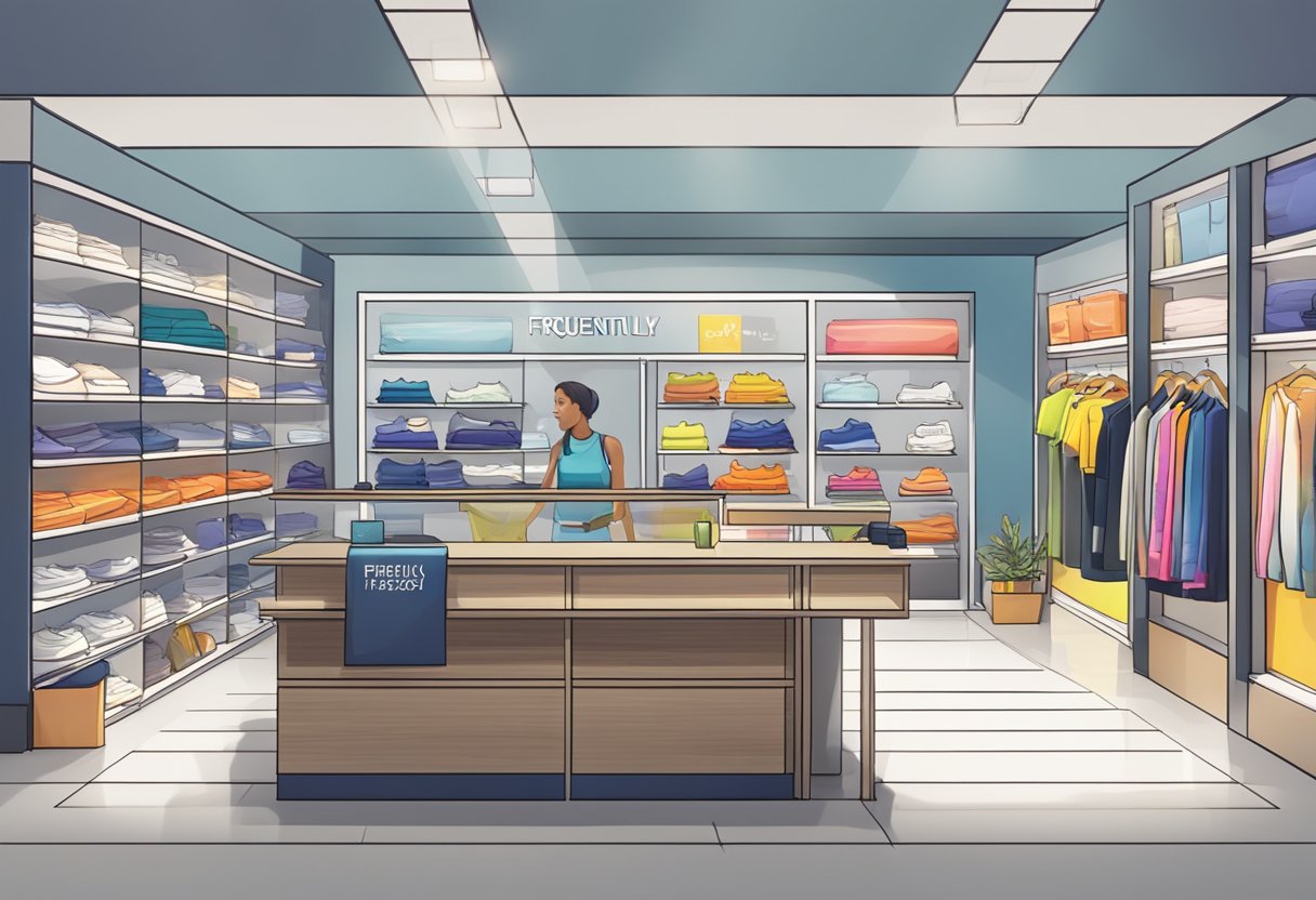 A brightly lit, modern retail store with shelves of activewear, a customer service desk, and a prominent "Frequently Asked Questions" sign