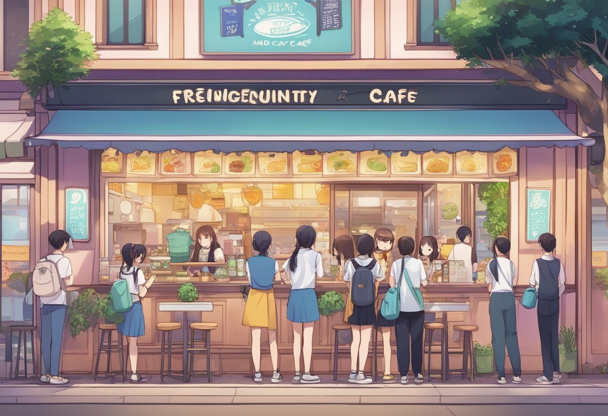 Customers line up outside a colorful, anime-themed cafe in Singapore. A sign reads "Frequently Asked Questions Maid Cafe." Waitresses in maid costumes serve drinks and snacks to excited patrons