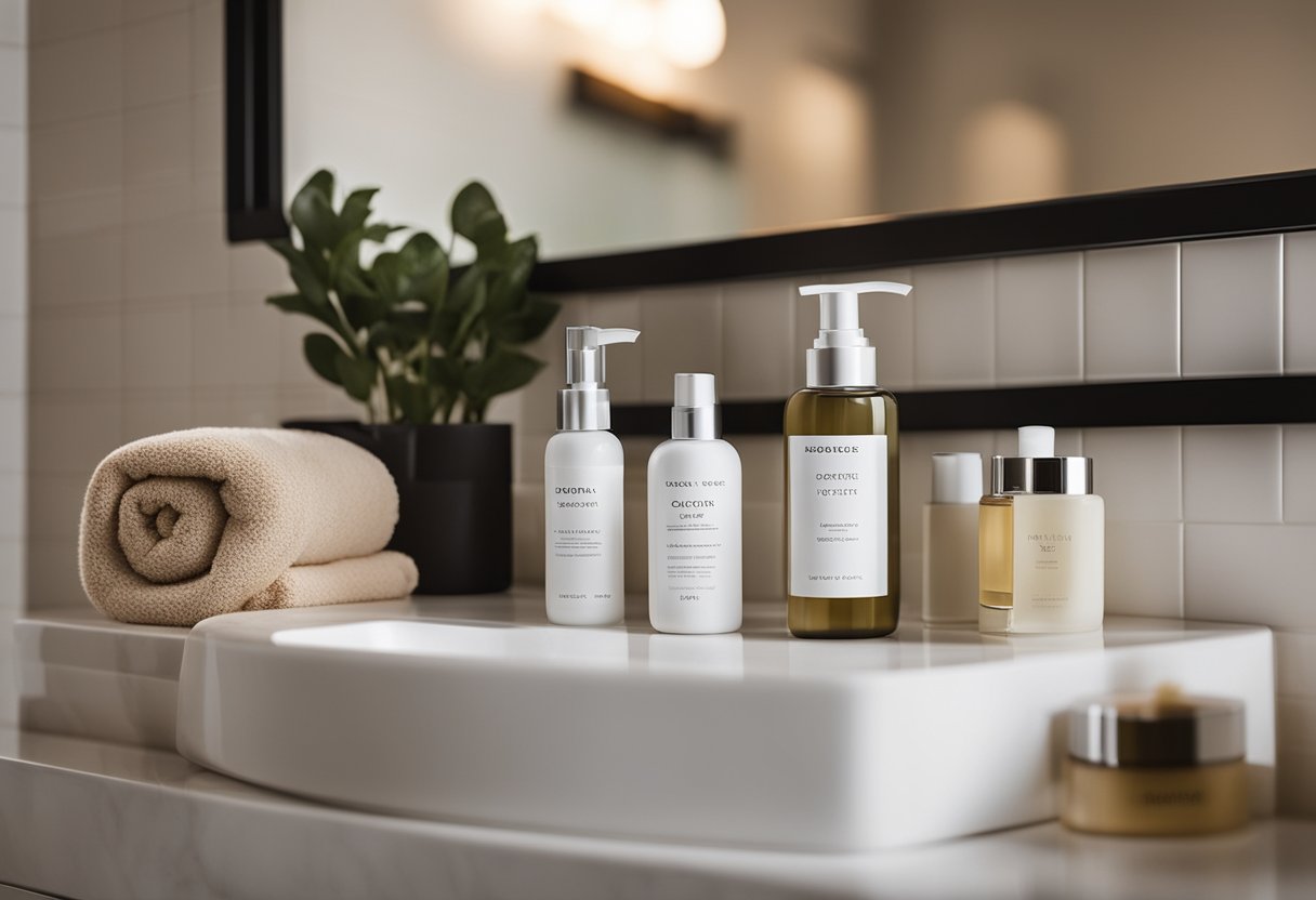 A bathroom counter with various skincare products neatly arranged, a towel, and a mirror