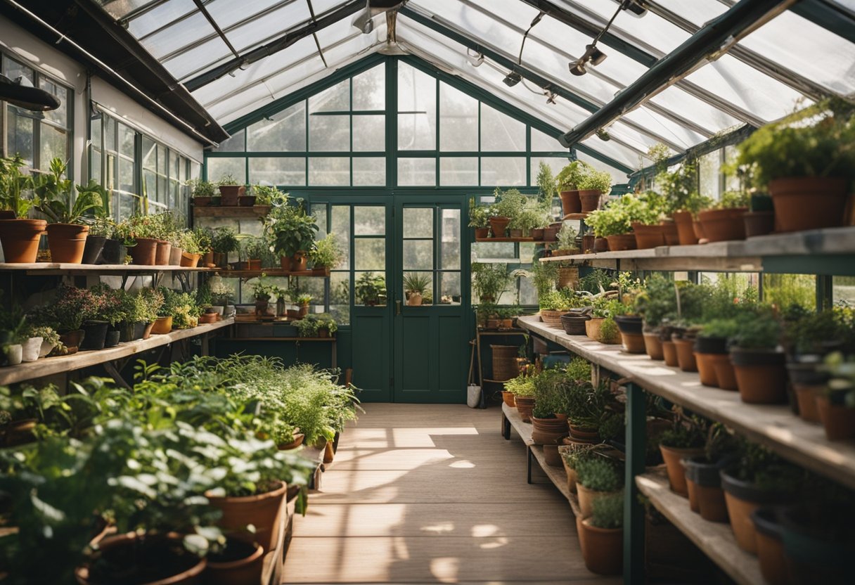 A shed is transformed into a vibrant greenhouse, with shelves of potted plants, a watering system, and natural light pouring in through windows