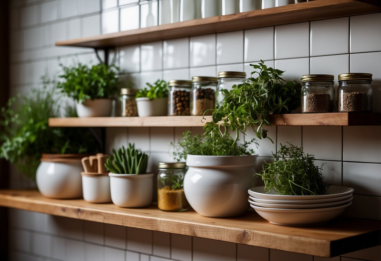 A farmhouse kitchen with a rustic backsplash made of white subway tiles, adorned with vintage ceramic plates and pots hanging on the wall. A wooden shelf holds jars of spices and fresh herbs