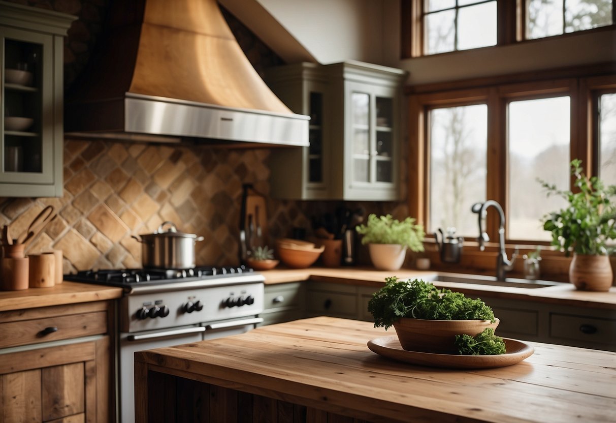 A farmhouse kitchen with a rustic, yet modern backsplash. The design seamlessly combines functionality and aesthetics, featuring natural materials and earthy tones