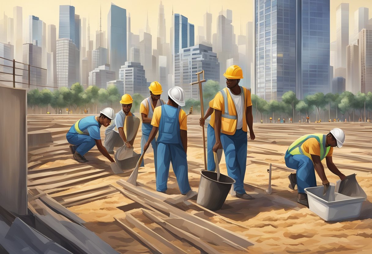 A group of migrant workers toiling under the hot sun, constructing towering skyscrapers against the backdrop of a modern cityscape