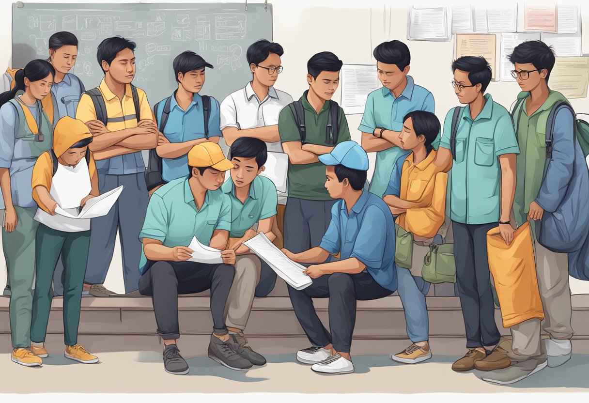 Migrant workers in Singapore gather around a notice board, reading and discussing frequently asked questions