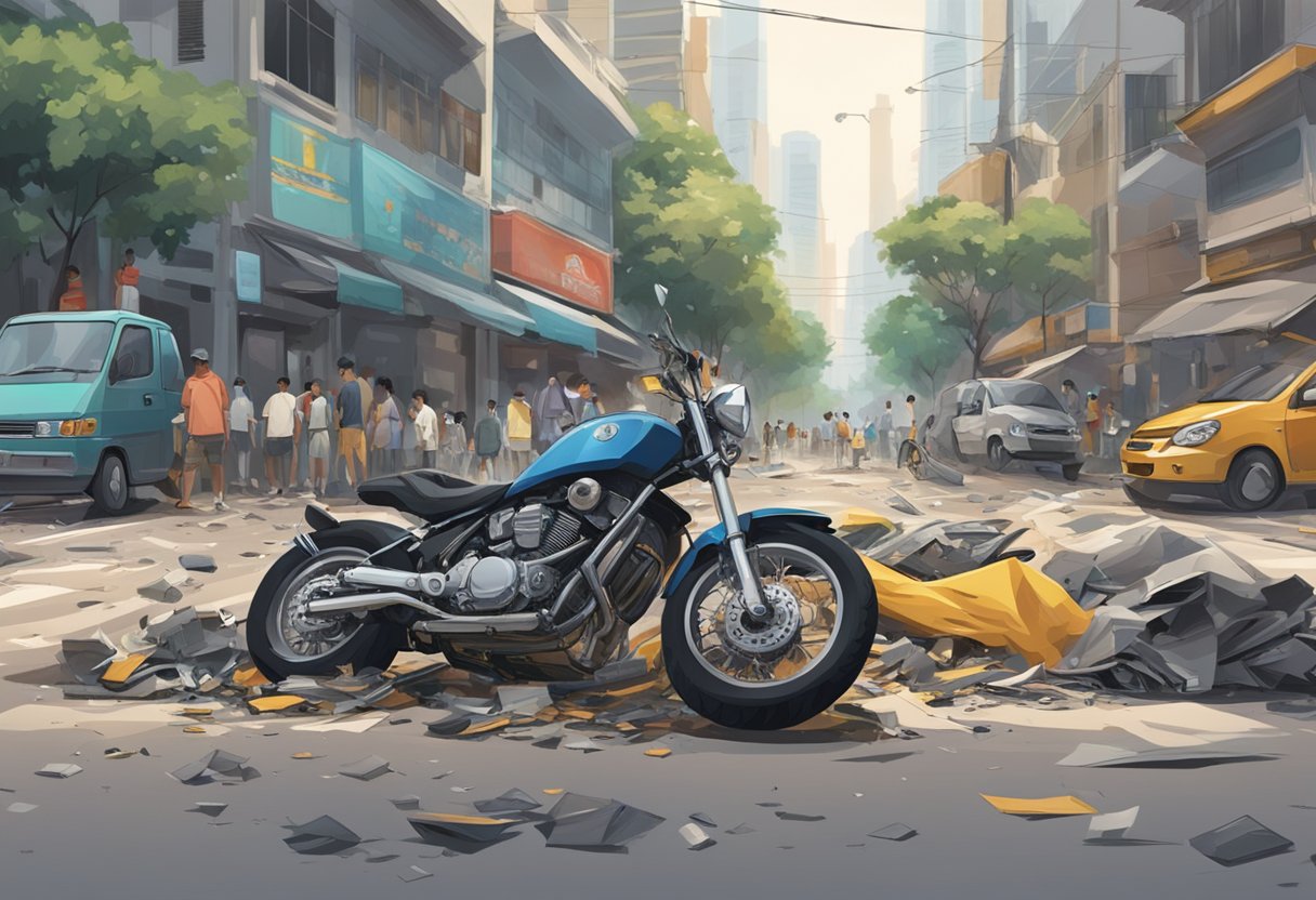 A motorcycle lies on its side on a busy Singapore street, surrounded by scattered debris and concerned onlookers
