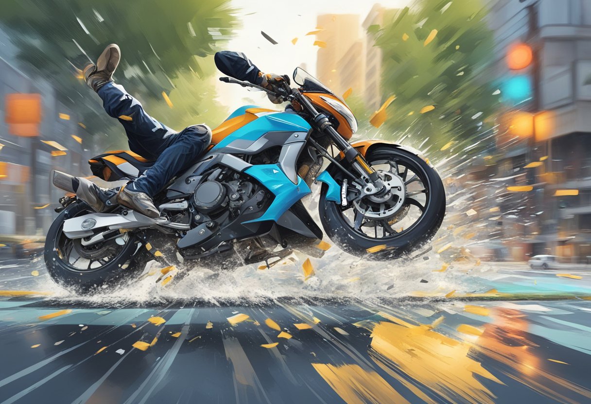 A motorcycle skids on a wet road, colliding with a car at an intersection. Debris scatters as the rider is thrown from the bike