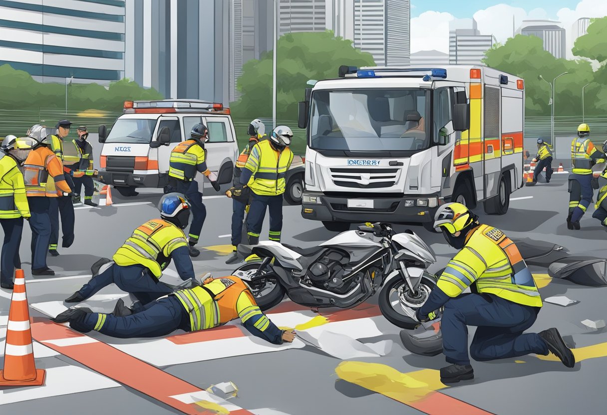 Emergency responders at a motorcycle accident scene in Singapore. Legal proceedings and authorities present