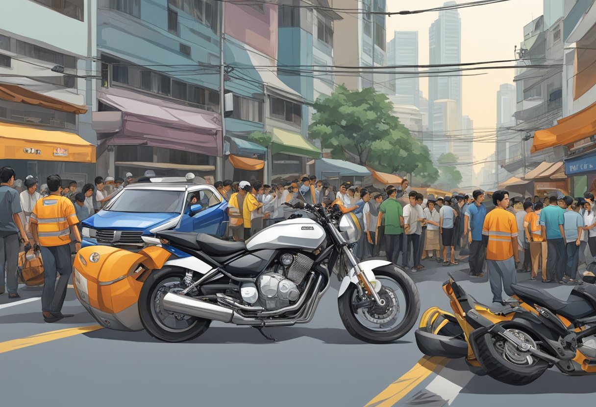 A motorcycle lies on its side in the middle of a busy Singapore street, surrounded by concerned onlookers and emergency responders