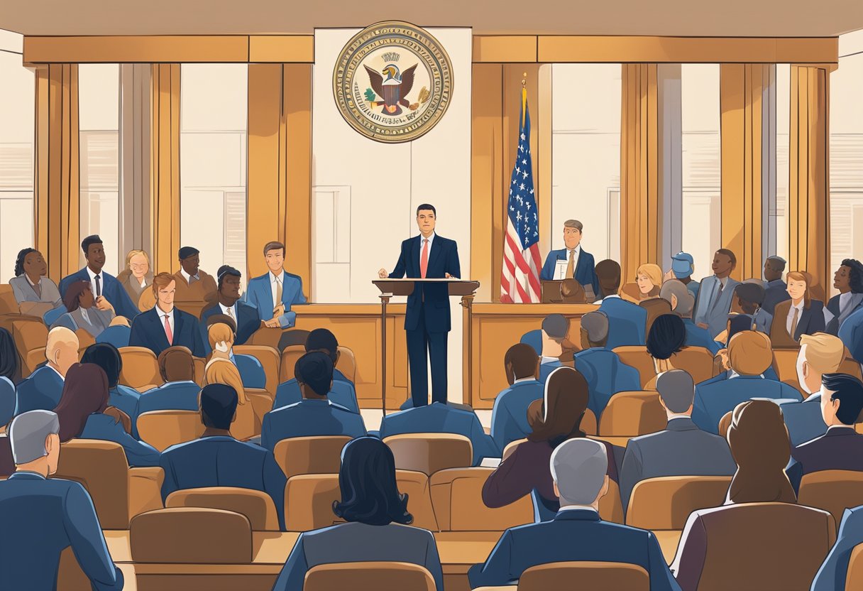 A lawyer stands confidently in front of a podium, addressing a diverse audience. The EEOC logo is prominently displayed in the background